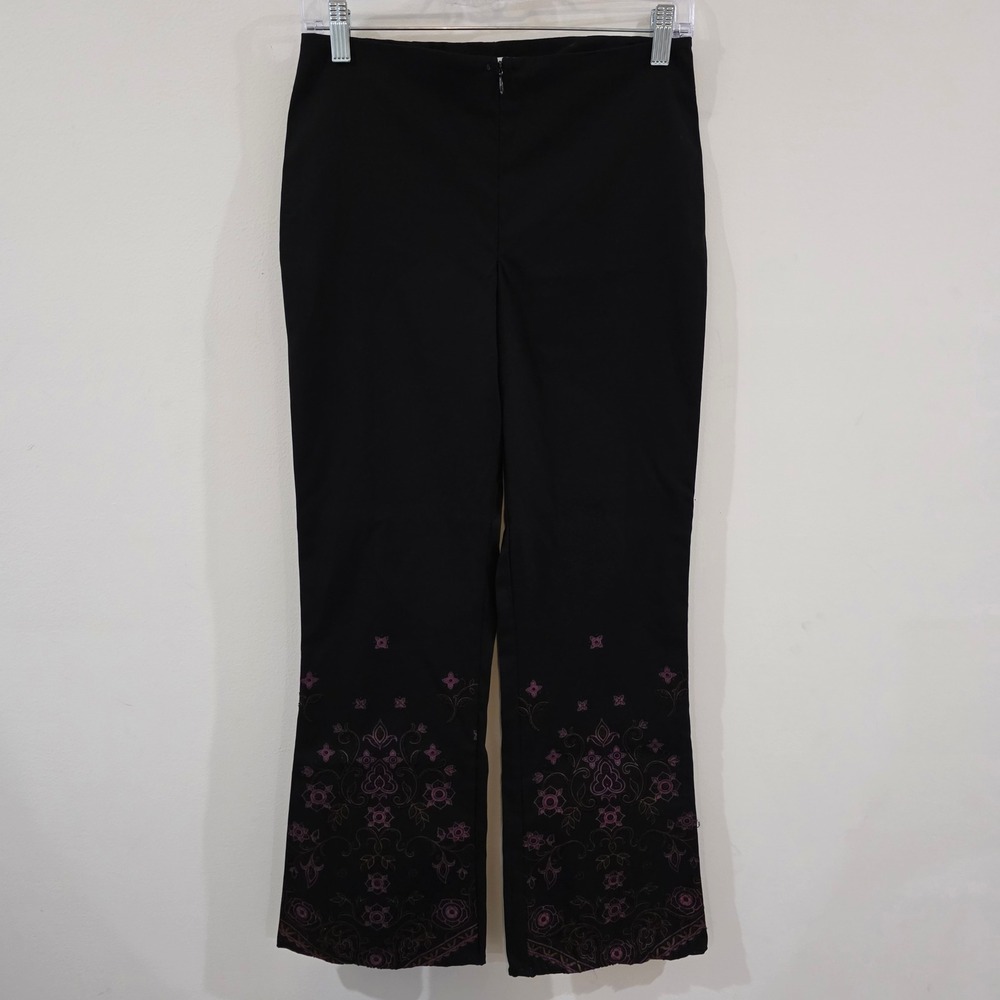 Y2k Rampage Womens Pants Size 5 Black Pink Beaded Floral Embroidered Flare Retro